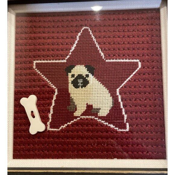 Pug Dog Puppy Portrait Cross Stitch Wood Frame Wall Decor  8.5” X 8.5” - Picture 2 of 4